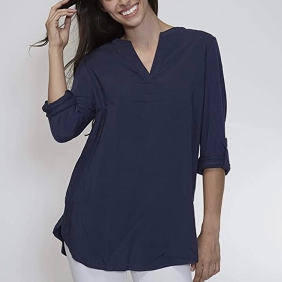 Pleione Tunic Mixed Media Split Neck Roll Tabbed Sleeves - Picture 1 of 6